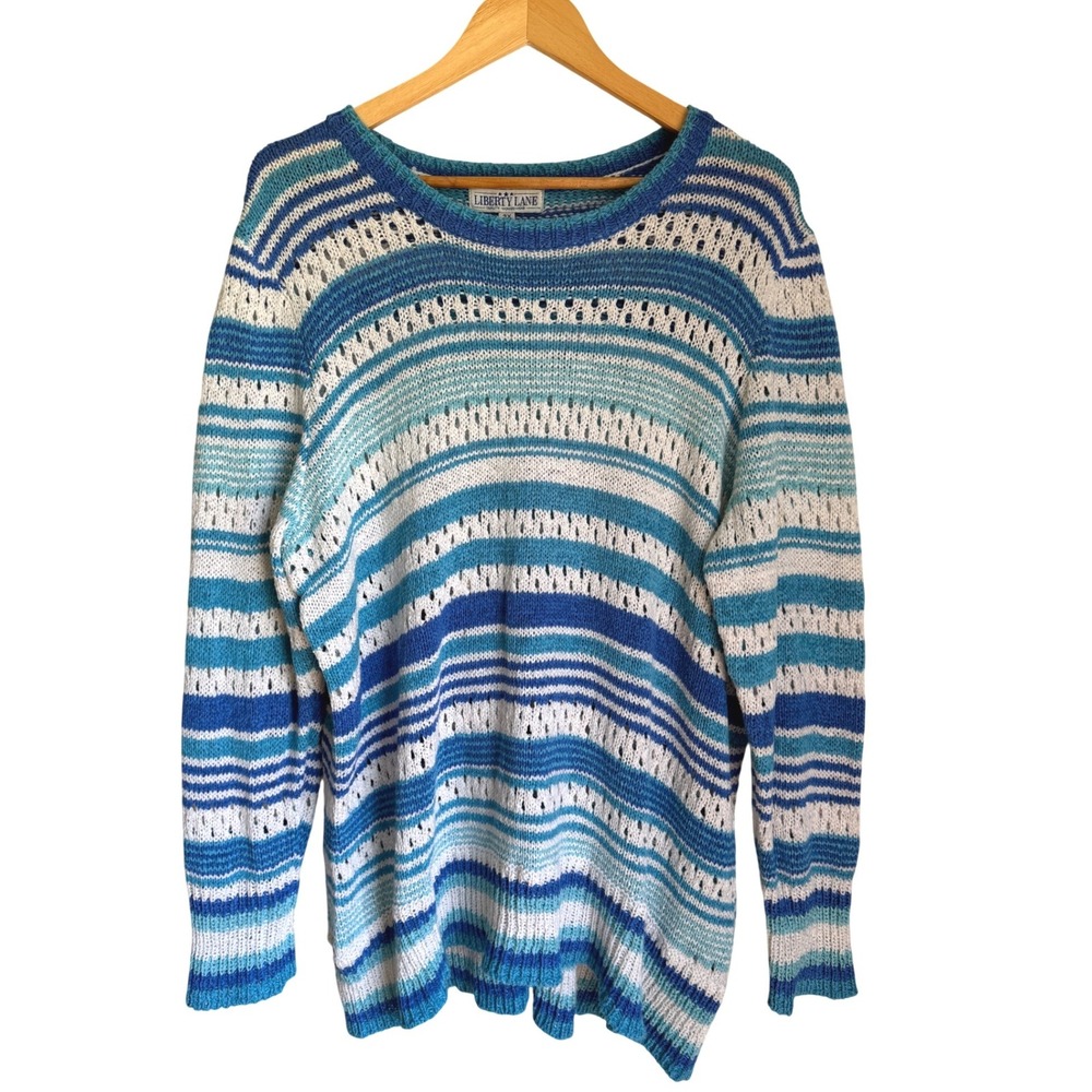 Liberty Lane Womens 3X Blue Striped Open Knit Sweater Crew Neck Long Sleeve Boho